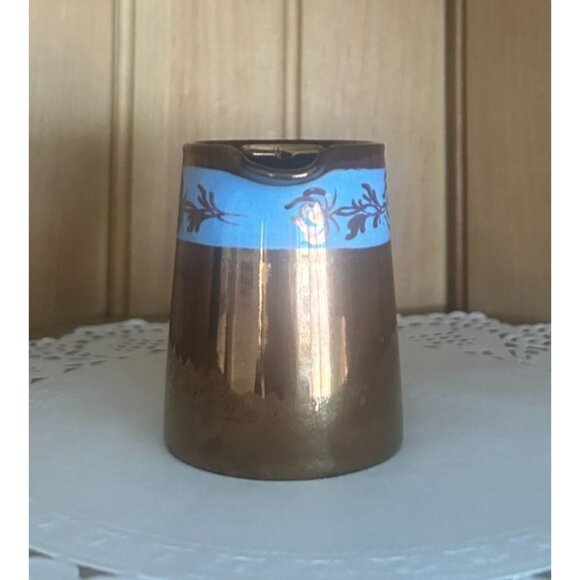 Antique Copper Lustreware Miniature Creamer Hand Painted Blue Floral Band Jug - Picture 3 of 8